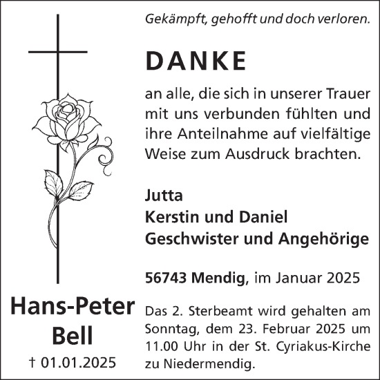 Traueranzeige von Hans-Peter Bell von WochenSpiegel