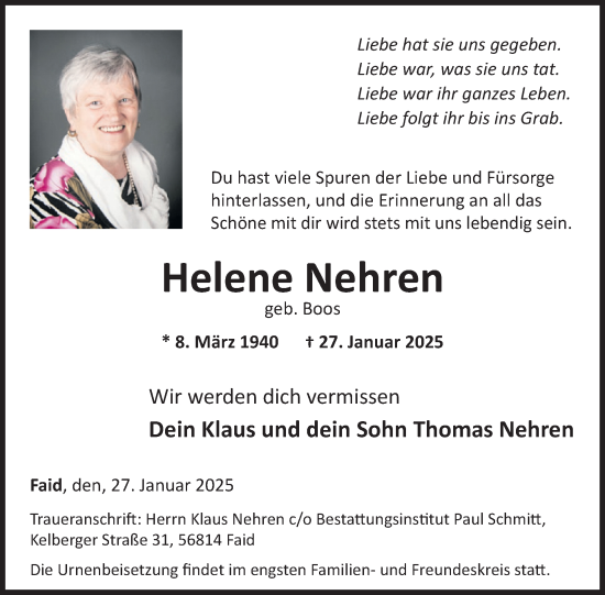 Traueranzeige von Helene Nehren von WochenSpiegel