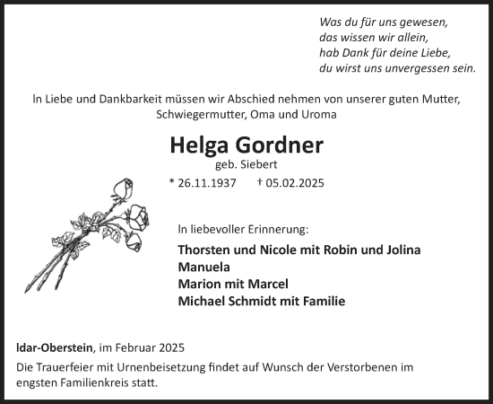 Traueranzeige von Helga Gordner von WochenSpiegel