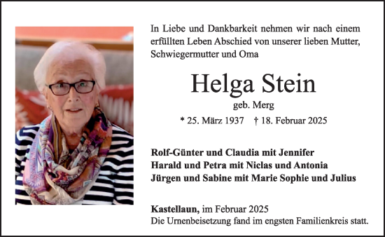 Traueranzeige von Helga Stein von WochenSpiegel