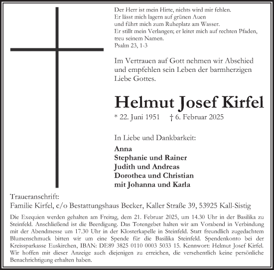 Traueranzeige von Helmut Josef Kirfel von WochenSpiegel