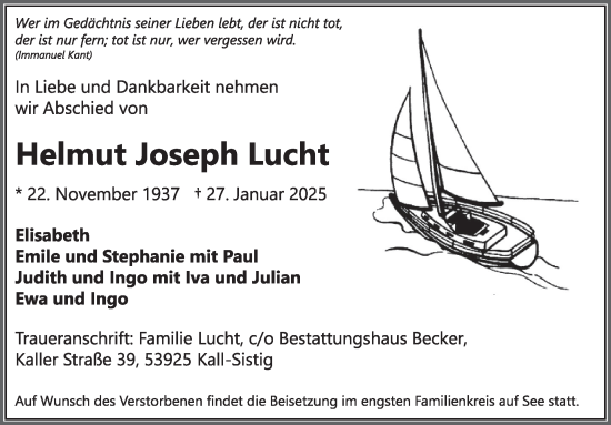 Traueranzeige von Helmut Joseph Lucht von WochenSpiegel