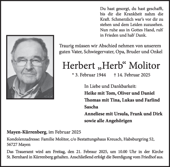 Traueranzeige von Herbert Molitor von WochenSpiegel