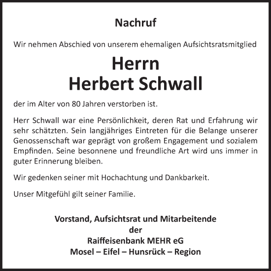 Traueranzeige von Herbert Schwall von WochenSpiegel