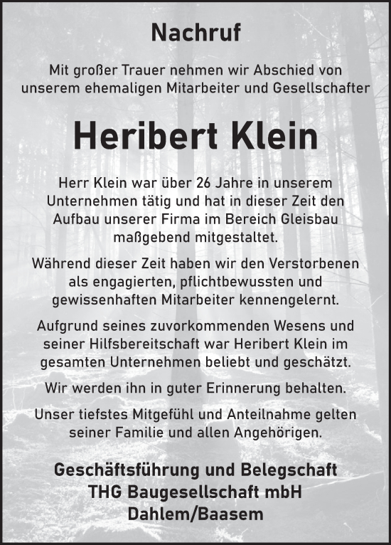 Traueranzeige von Heribert Klein von WochenSpiegel