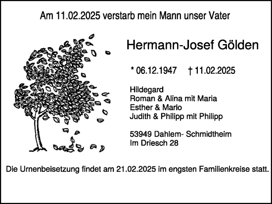 Traueranzeige von Hermann-Josef Gölden von WochenSpiegel