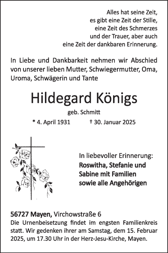 Traueranzeige von Hildegard Königs von WochenSpiegel