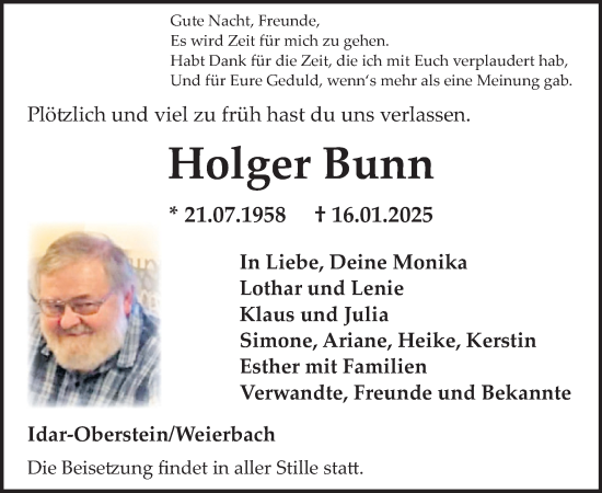 Traueranzeige von Holger Bunn von WochenSpiegel