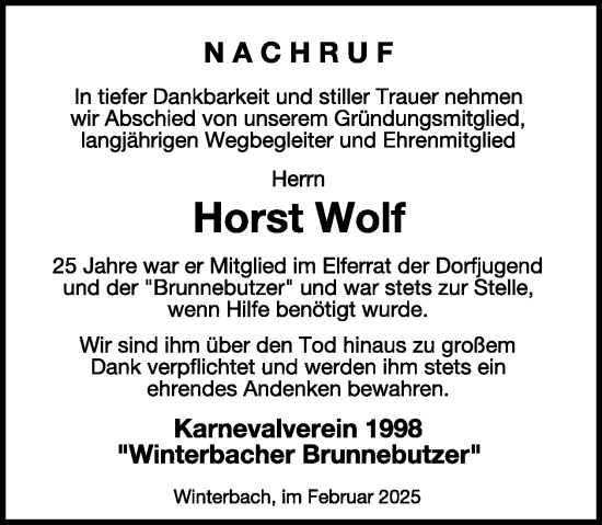 Traueranzeige von Horst Wolf von WochenSpiegel