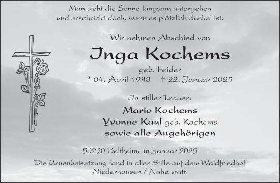 Traueranzeige von Inga Kochems von WochenSpiegel