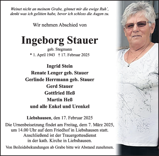 Traueranzeige von Ingeborg Stauer von WochenSpiegel