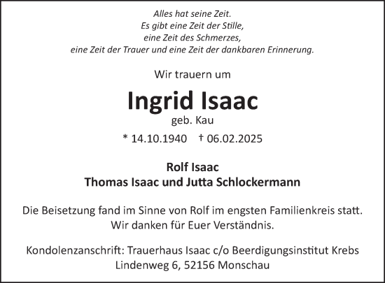 Traueranzeige von Ingrid Isaac von WochenSpiegel