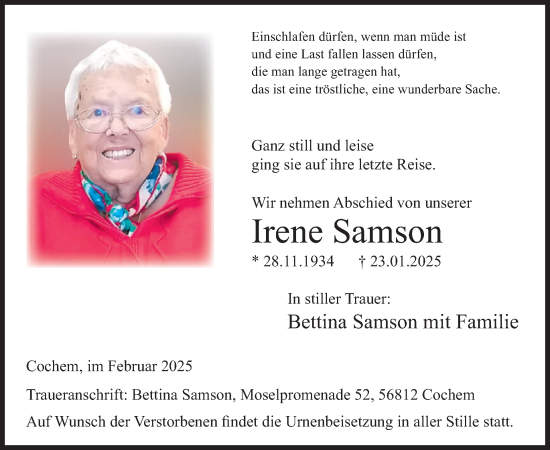 Traueranzeige von Irene Samson von WochenSpiegel