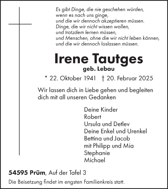 Traueranzeige von Irene Tautges von WochenSpiegel