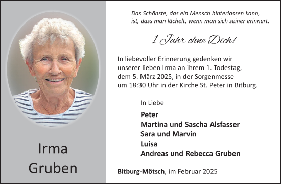 Traueranzeige von Irma Gruben von WochenSpiegel