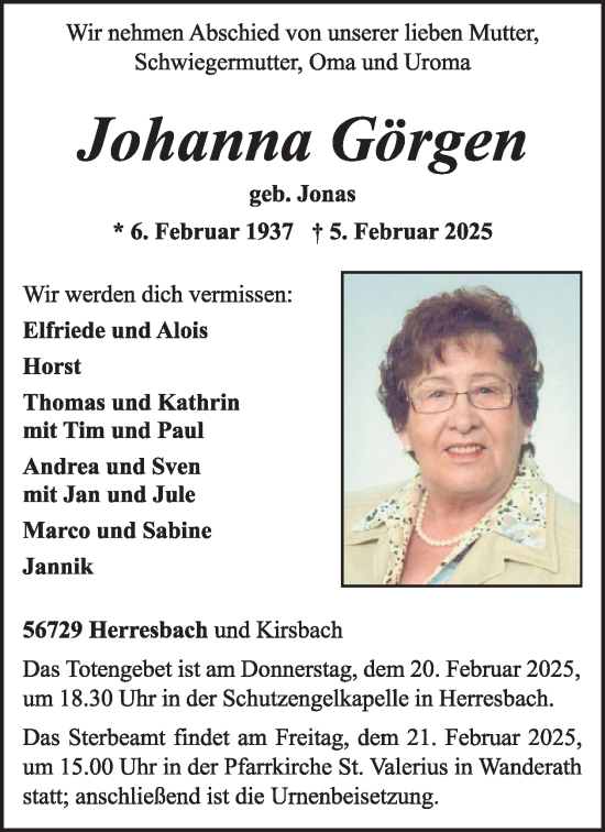 Traueranzeige von Johanna Görgen von WochenSpiegel