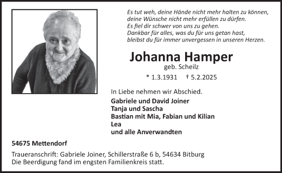 Traueranzeige von Johanna Hamper von WochenSpiegel