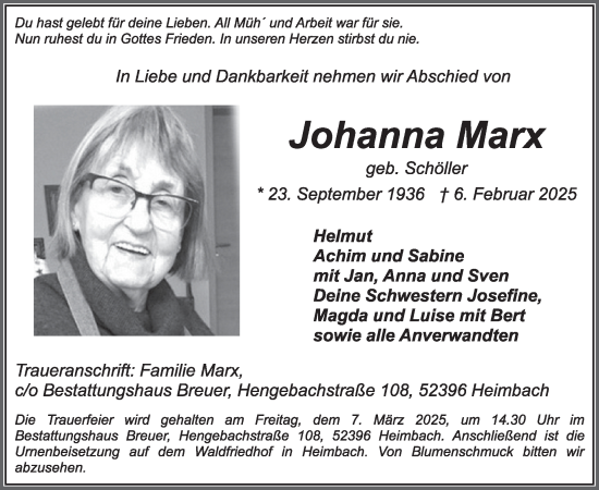 Traueranzeige von Johanna Marx von WochenSpiegel