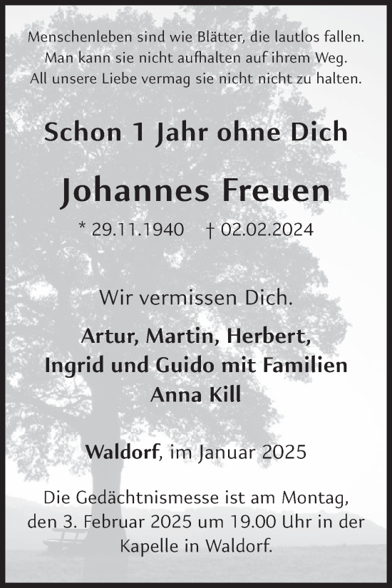 Traueranzeige von Johannes Freuen von WochenSpiegel