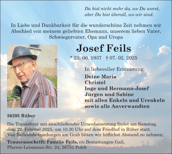 Traueranzeige von Josef Feils von WochenSpiegel