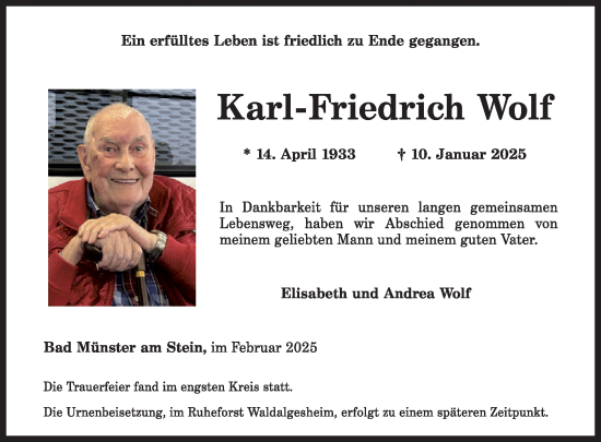 Traueranzeige von Karl-Friedrich Wolf von WochenSpiegel