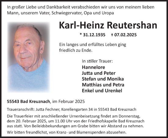 Traueranzeige von Karl-Heinz Reutershan von WochenSpiegel