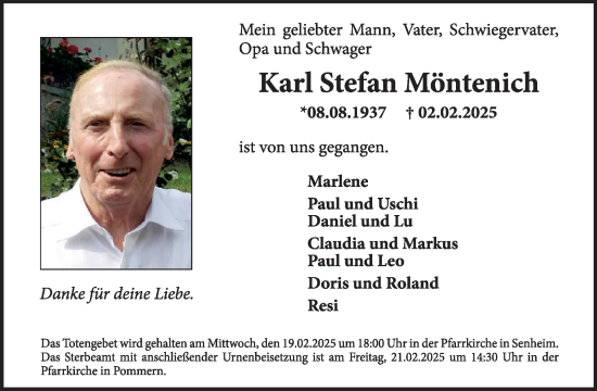 Traueranzeige von Karl Stefan Möntenich von WochenSpiegel