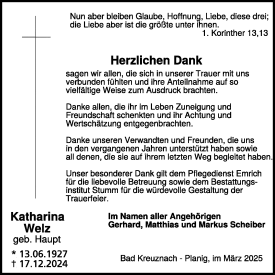 Traueranzeige von Katharina Welz von WochenSpiegel