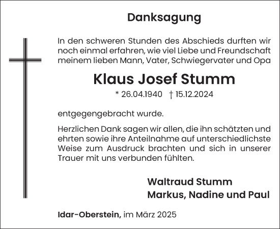 Traueranzeige von Klaus Josef Stumm von WochenSpiegel