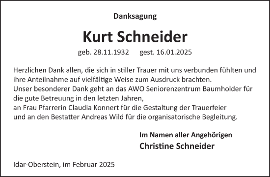 Traueranzeige von Kurt Schneider von WochenSpiegel