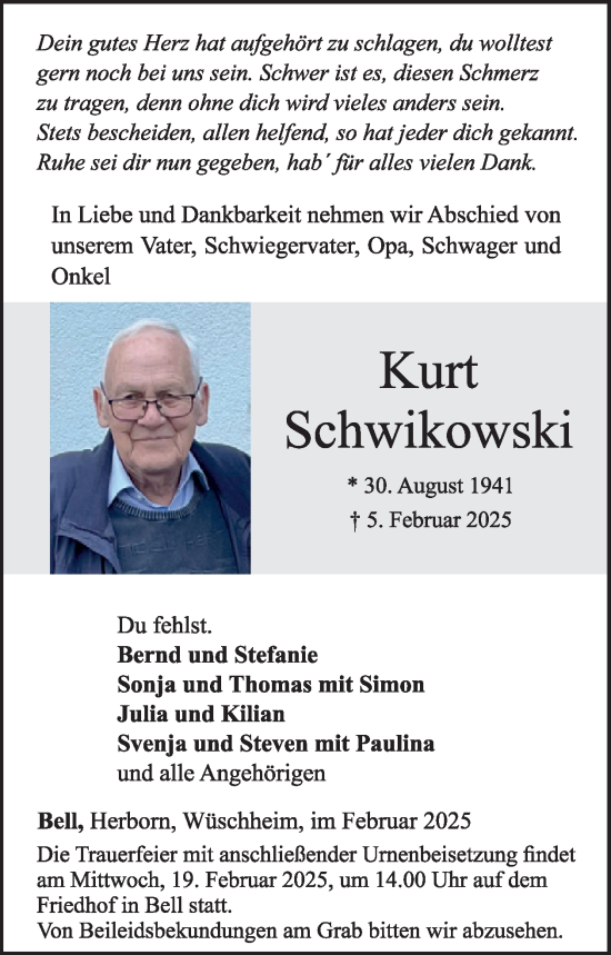 Traueranzeige von Kurt Schwikowski von WochenSpiegel