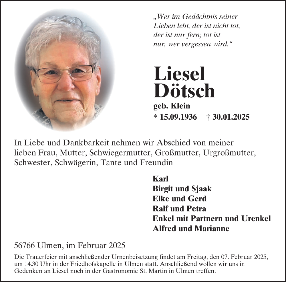  Traueranzeige für Liesel Dötsch vom 05.02.2025 aus WochenSpiegel