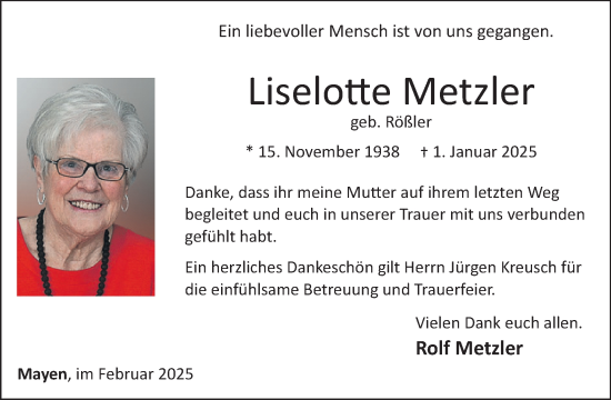 Traueranzeige von Liselotte Metzler von WochenSpiegel