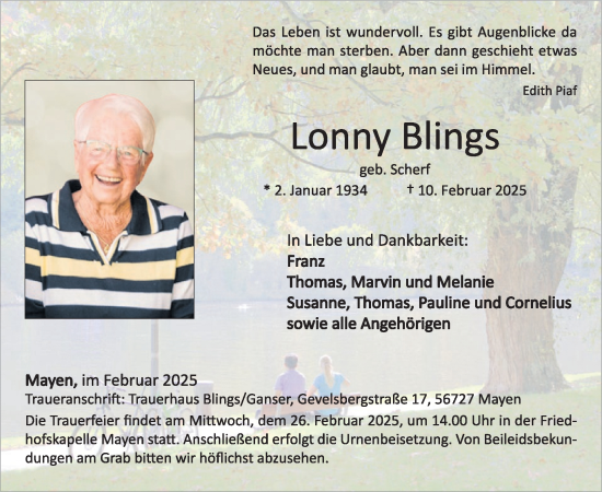 Traueranzeige von Lonny Blings von WochenSpiegel