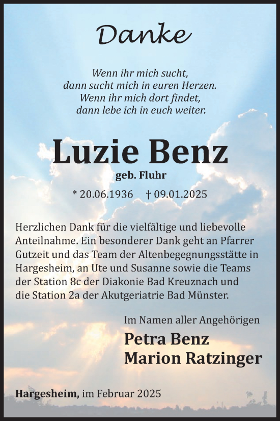 Traueranzeige von Luzie Benz von WochenSpiegel