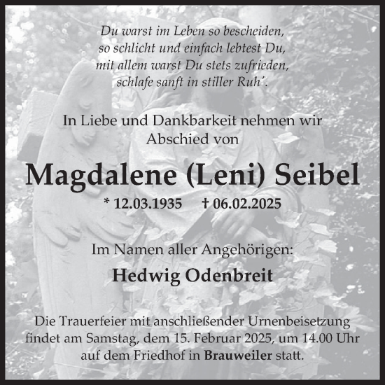 Traueranzeige von Magdalene Seibel von WochenSpiegel