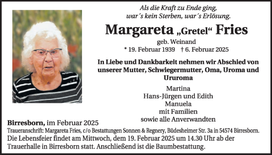 Traueranzeige von Margareta Fries von WochenSpiegel