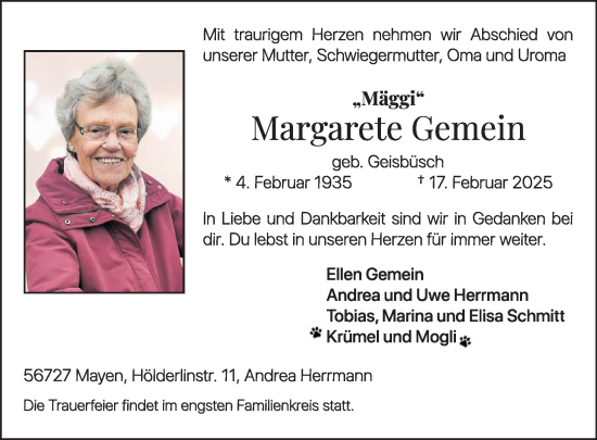 Traueranzeige von Margarete Gemein von WochenSpiegel