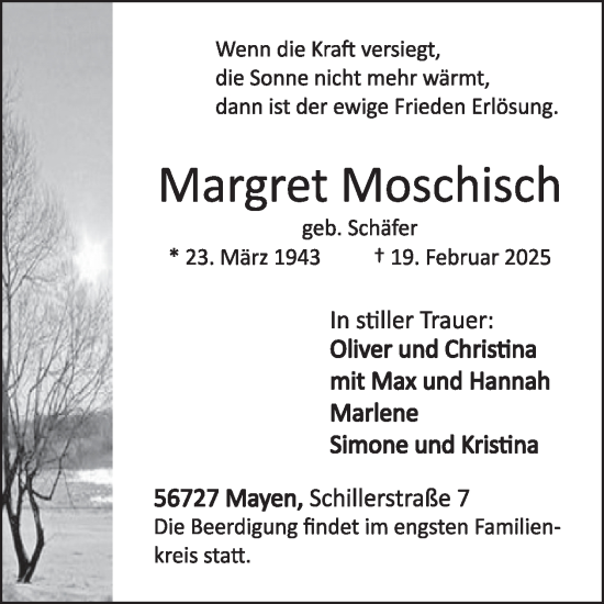 Traueranzeige von Margret Moschisch von WochenSpiegel