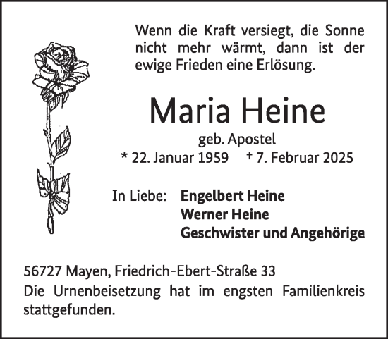 Traueranzeige von Maria Heine von WochenSpiegel