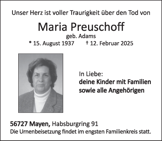 Traueranzeige von Maria Preuschoff von WochenSpiegel