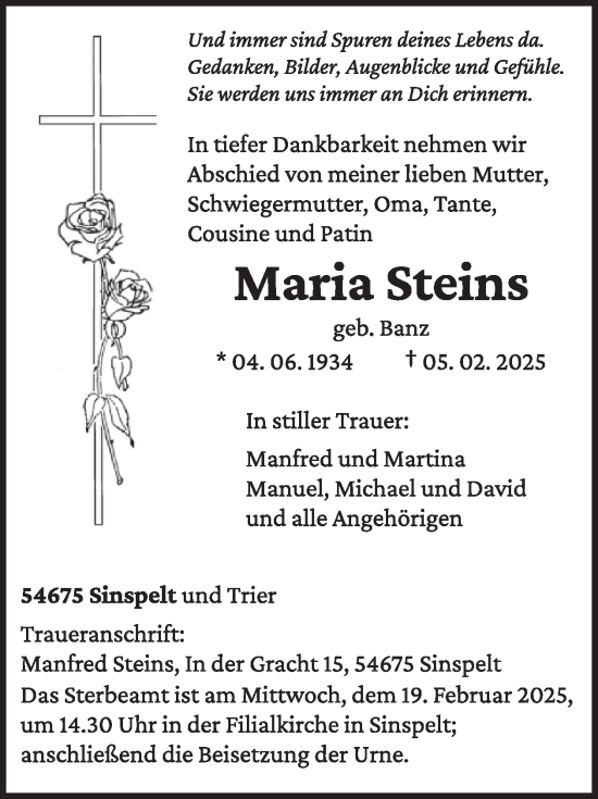 Traueranzeige von Maria Steins von WochenSpiegel