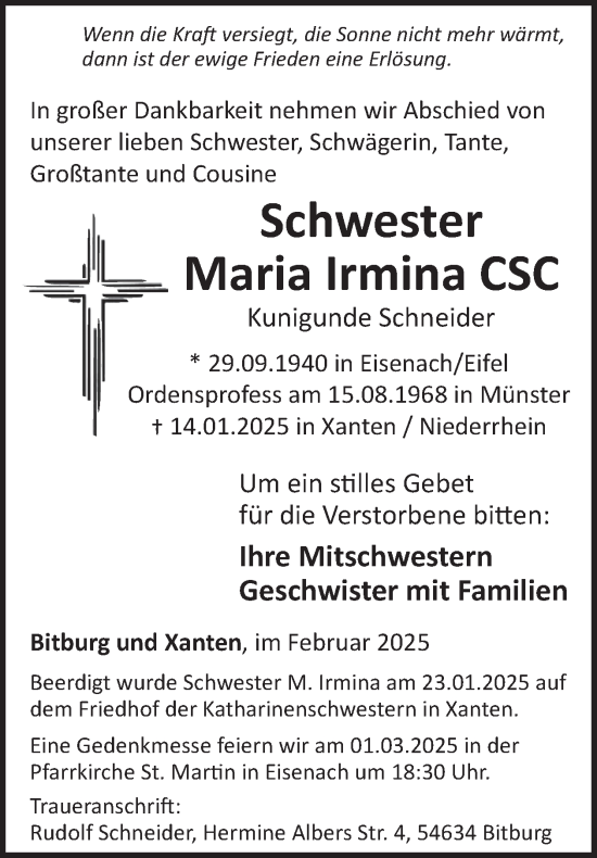 Traueranzeige von Maria Irmina Schneider von WochenSpiegel