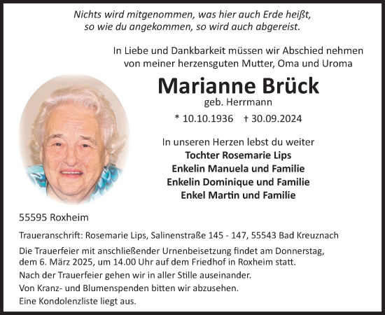 Traueranzeige von Marianne Brück von WochenSpiegel