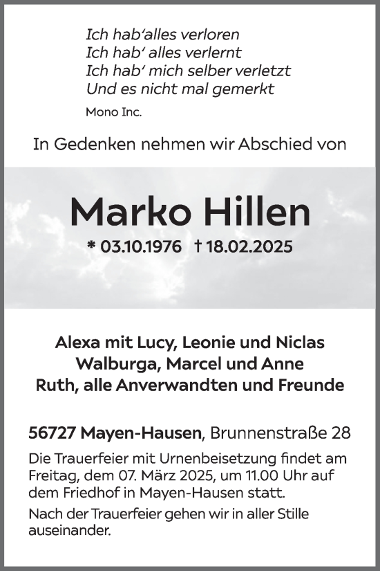 Traueranzeige von Marko Hillen von WochenSpiegel