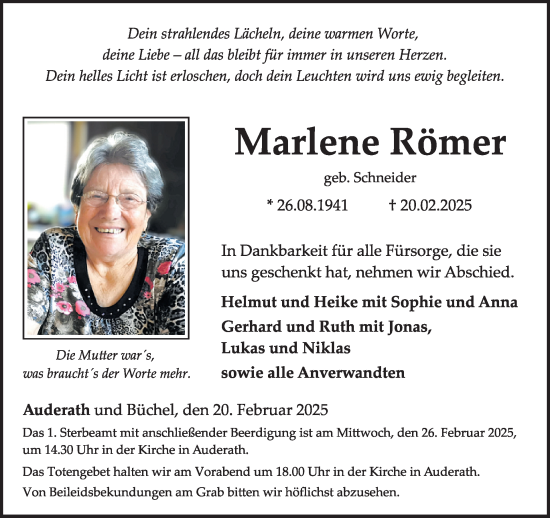 Traueranzeige von Marlene Römer von WochenSpiegel