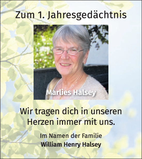 Traueranzeige von Marlies Halsey von WochenSpiegel