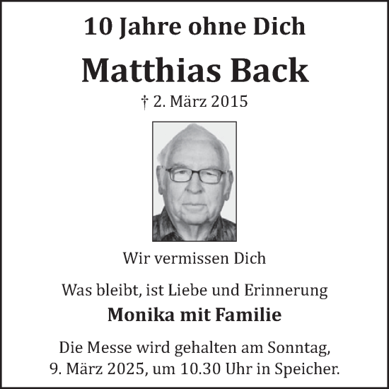 Traueranzeige von Matthias Back von WochenSpiegel