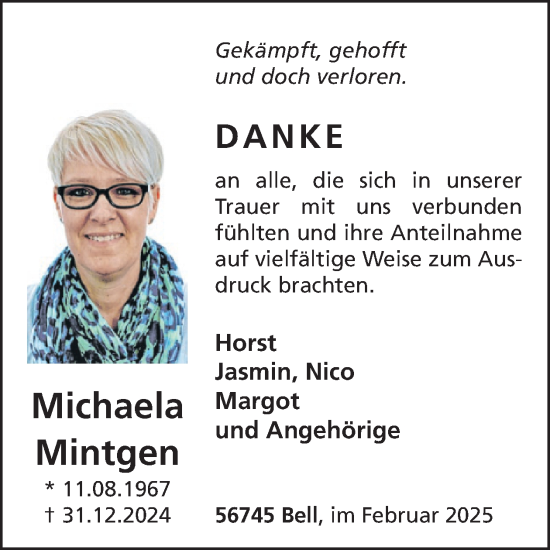 Traueranzeige von Michaela Mintgen von WochenSpiegel