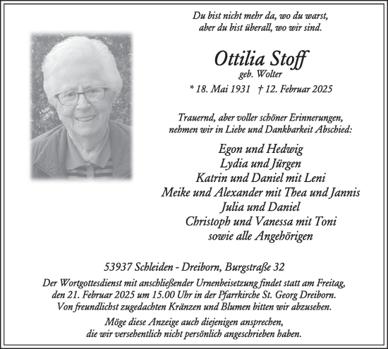 Traueranzeige von Ottilia Stoff von WochenSpiegel